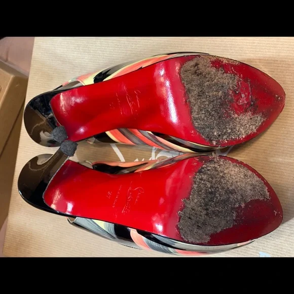 Christian Louboutin Black and Pink Striped Heels - Picture 4 of 7